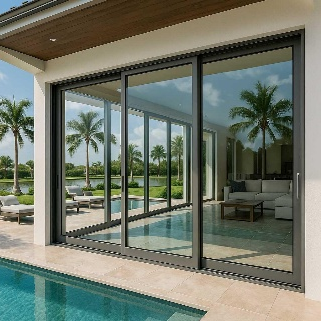 Home interior with large windows